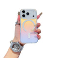 Laser gradient frosted magnetic back cover case for iPhone 17 series on a phone.