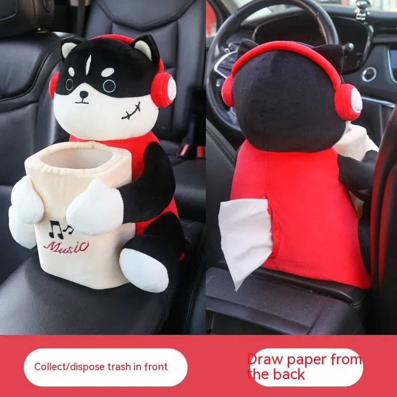 Plush fabric car tissue box with character design hanging from vehicle armrest