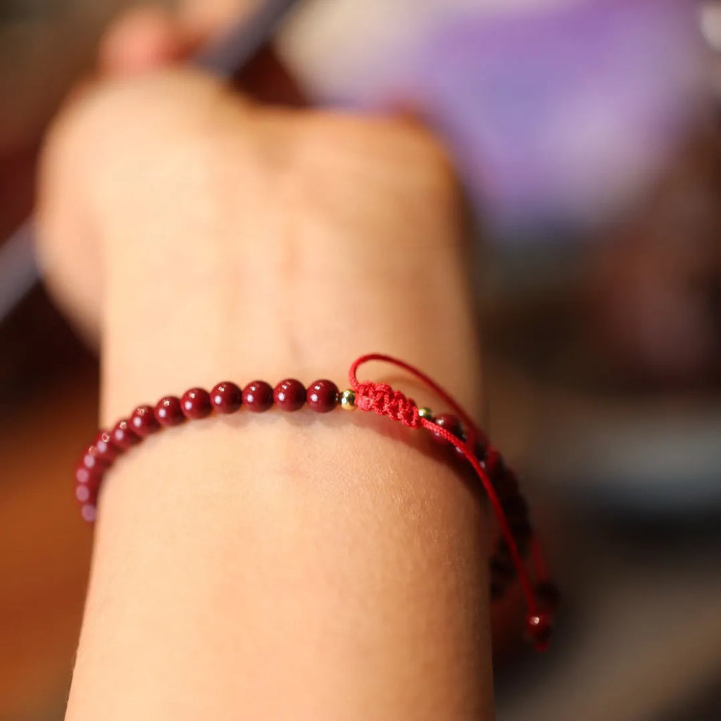 Purple gold sand design cinnabar bracelet with geometric shape and auspicious Chinese patterns