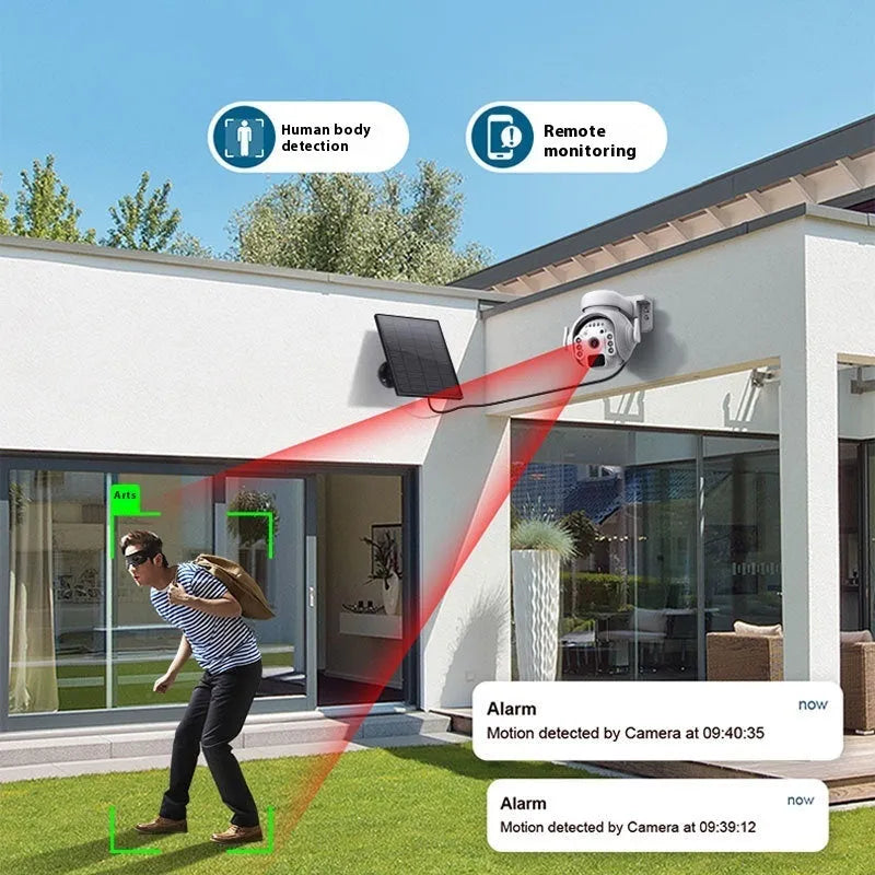 White solar-powered security camera with solar panel on top, mounted on an outdoor wall