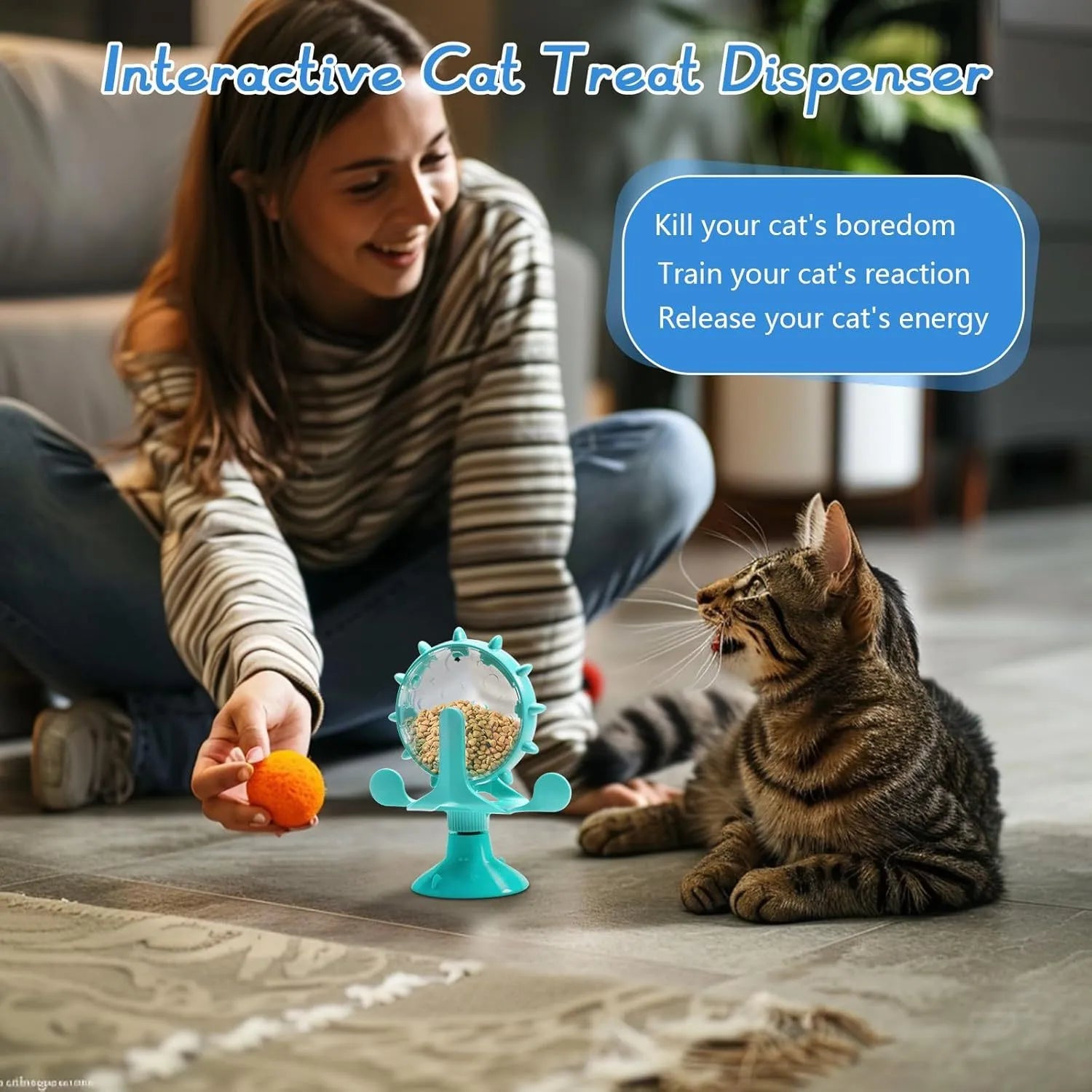Interactive pet puzzle feeder toy with rotating spinner in blue, green, red or yellow colours