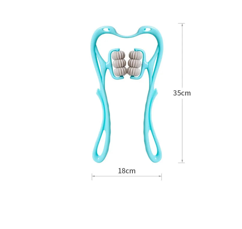 Blue swan-shaped six-wheel manual neck massager with rotating rollers and a separate natural jade scraping board on a white background.