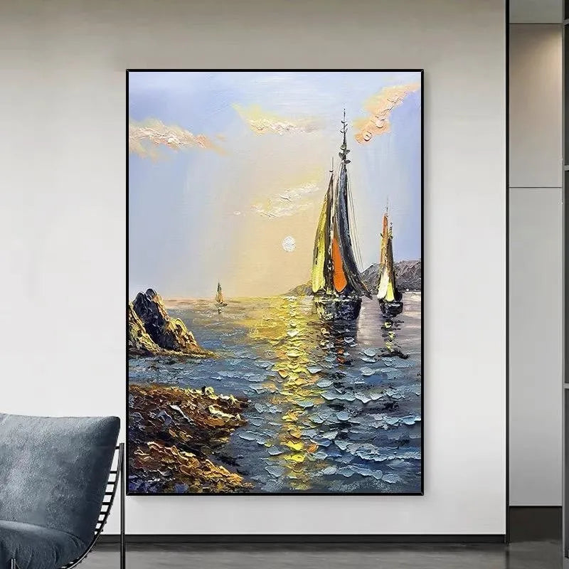 Sea boat handmade oil painting on canvas, vertical landscape, unframed, modern style, suitable for living room wall decor