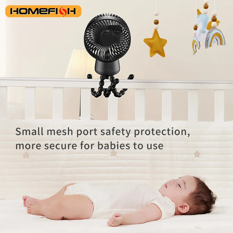 HOMEFISH F2 automatic shake head fan with LED light on removable bracket, showing USB port.