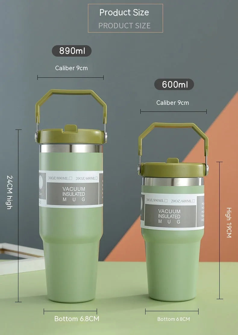 30oz stainless steel insulated travel tumbler with handle and cover in assorted colours.