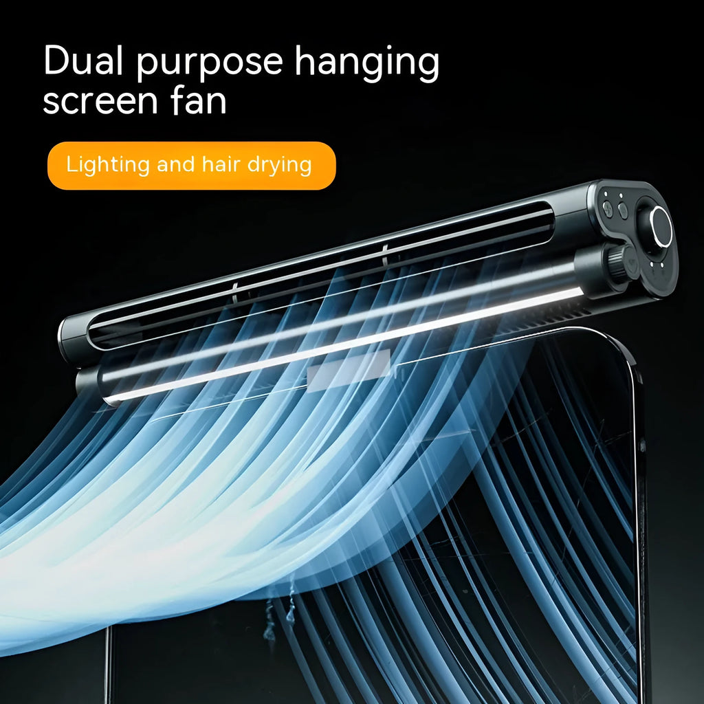 Black USB-powered bladeless fan with a clip, mounted on a laptop screen, showing its integrated light.