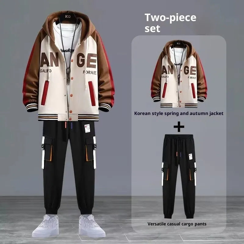 Youth hooded sweater jacket sports suit with trousers, black colour, polyester blend fabric for spring autumn leisure