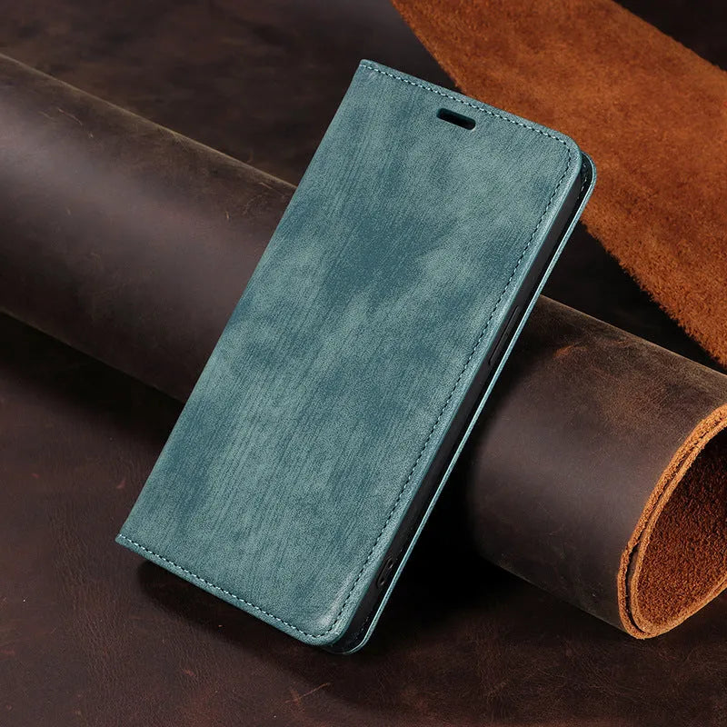 Magnetic flip phone case for iPhone showing front cover with magnetic closure in multiple colour options