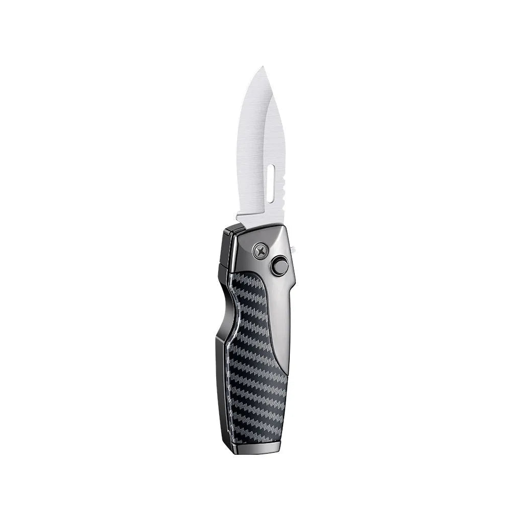 Zinc alloy metal folding knife lighter in a wood grain finish, showing both the closed tool and the unfolded blade.