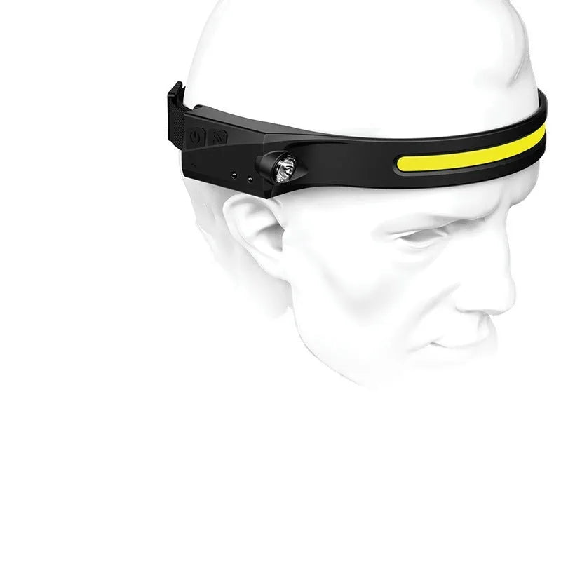 Black silicone USB rechargeable headlamp with wide LED beam, shown with adjustable strap and side wave sensor.