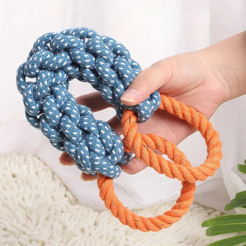 Blue double-ring cotton dog chew toy with braided bone rope centre, shown at 37 cm length