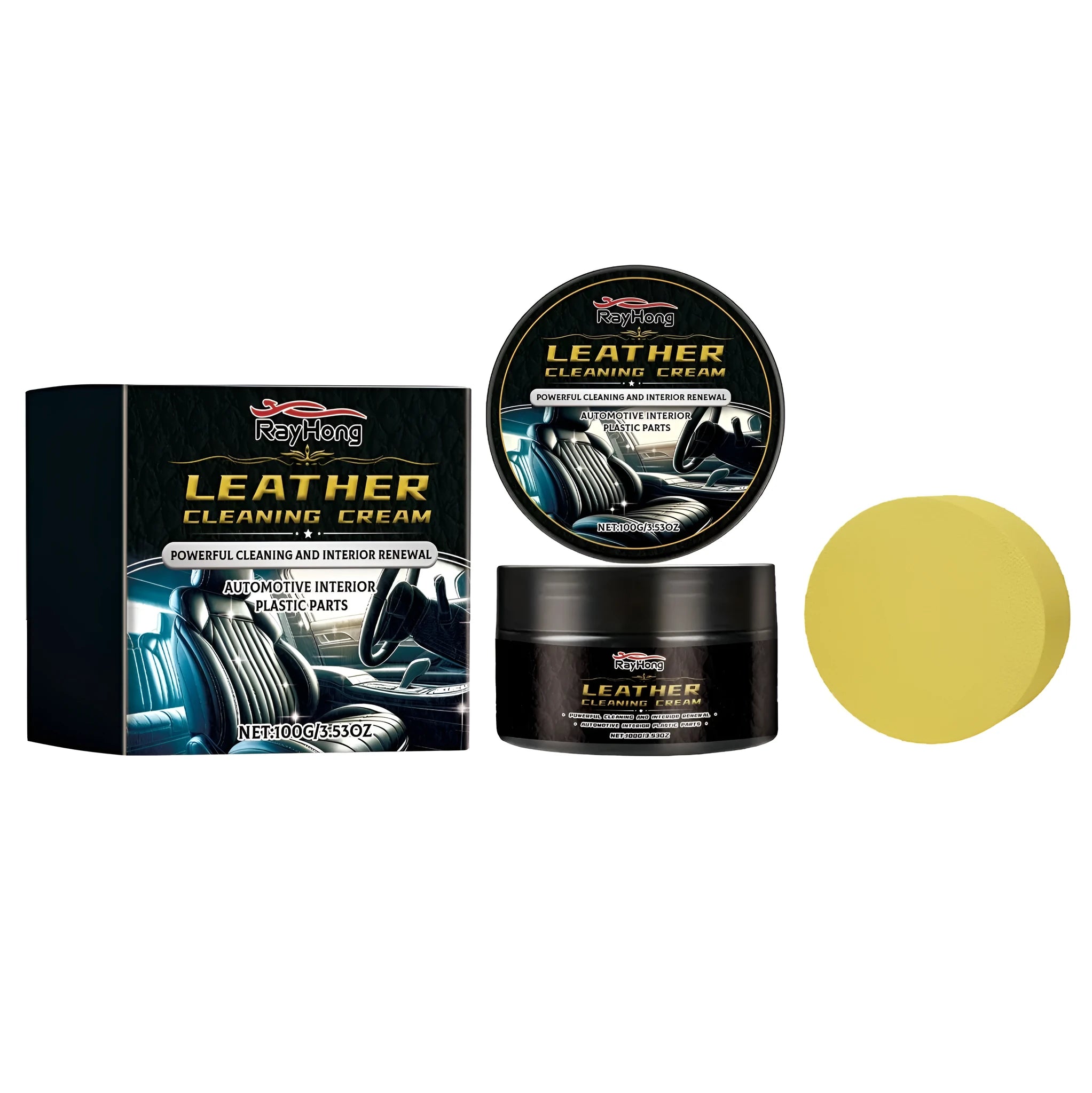 Leather cleaning cream kit showing 100g bottle and sponge applicator for leather maintenance