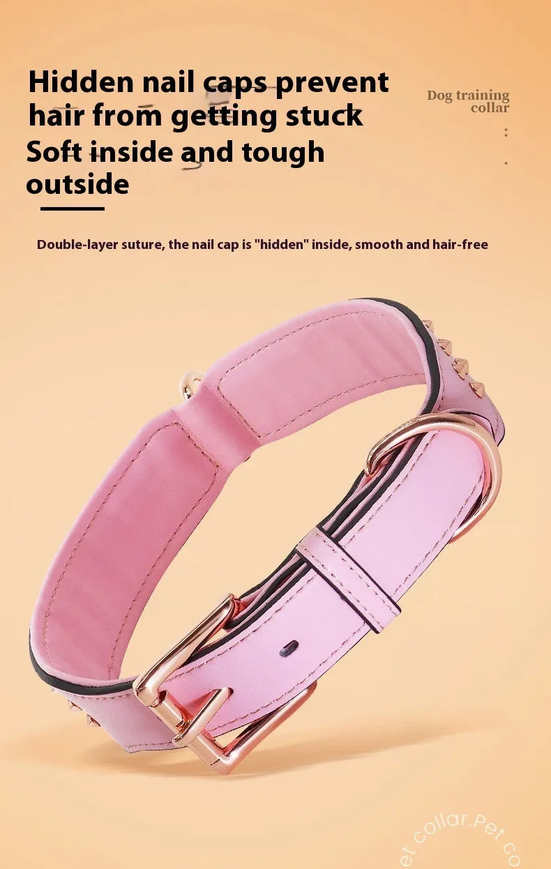 Leather dog collar with metal rivets, shown in black, chocolate, or pink, sized for large dogs.