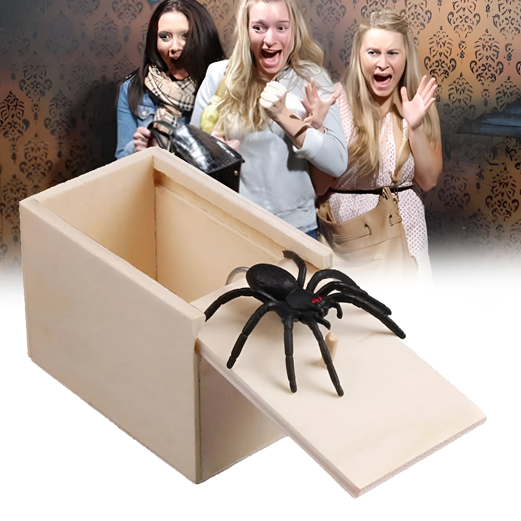 Wooden prank scare box with lid open showing a lifelike spider figurine on a spring.