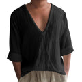 Men's long sleeve V-neck T-shirt in washed cotton fabric, shown in a solid colour.