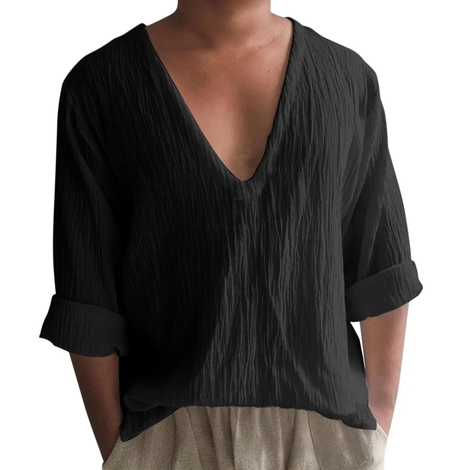 Men's long sleeve V-neck T-shirt in washed cotton fabric, shown in a solid colour.
