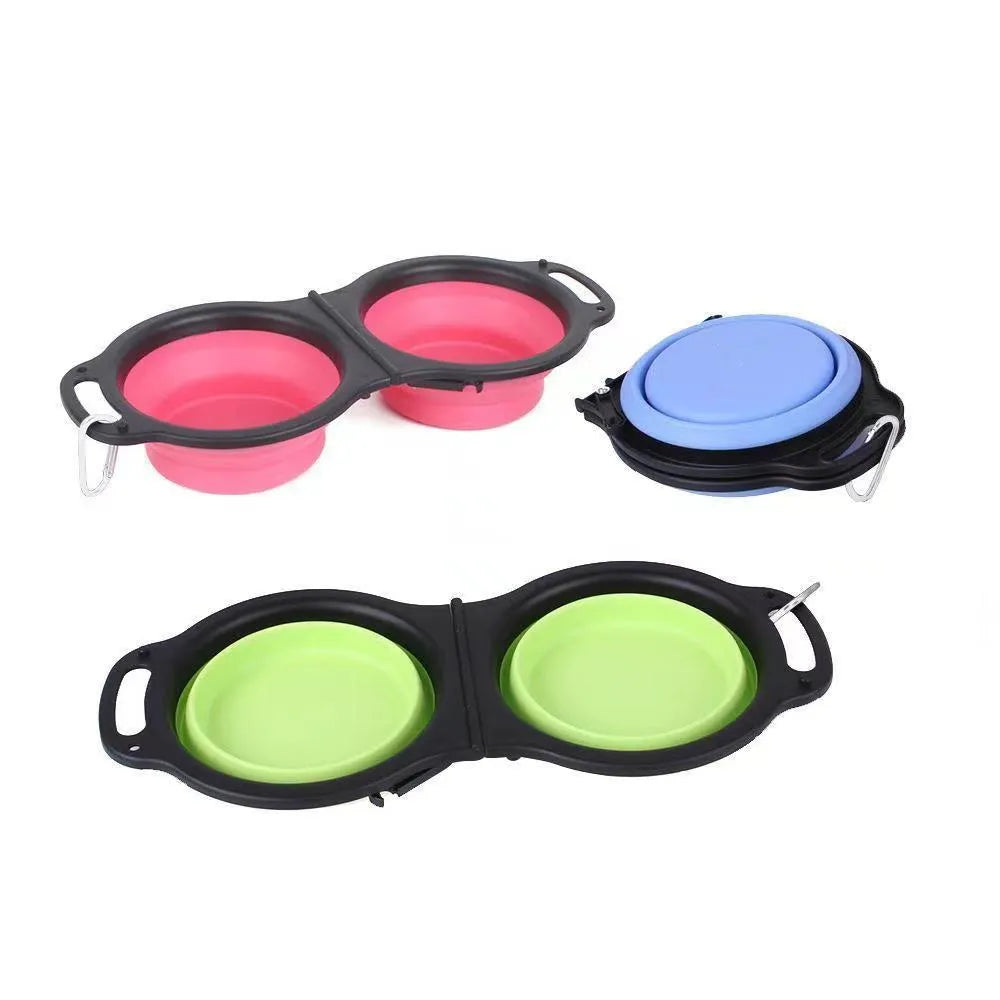 Silicone folding double pet bowl set in various colours showing unfolded feeding position