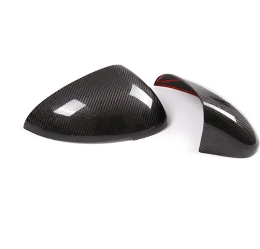 Carbon fibre mirror covers for Porsche Macan 2014-2022 models with dimensional specifications