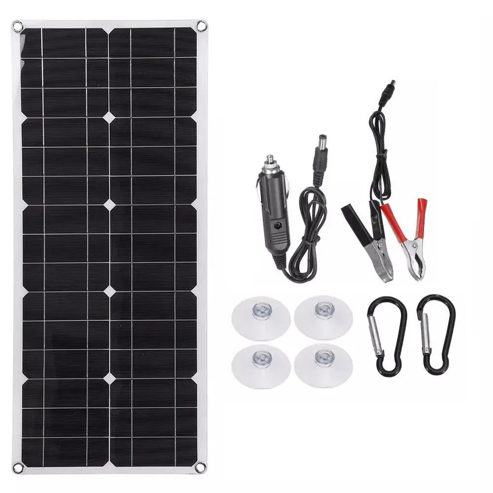 30W semi-flexible outdoor solar charging panel showing USB port and 18V output cable