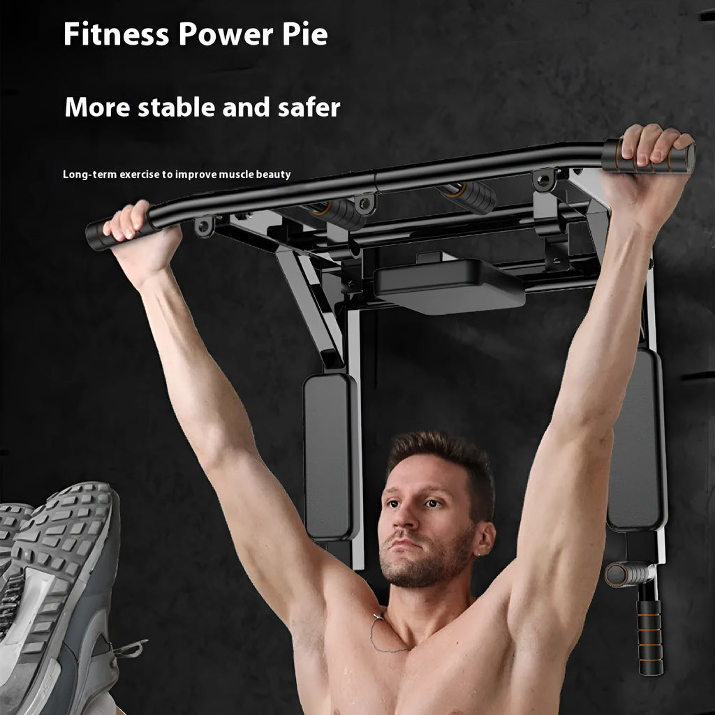 Black wall-mounted fitness equipment with sandbag rack and single parallel bars
