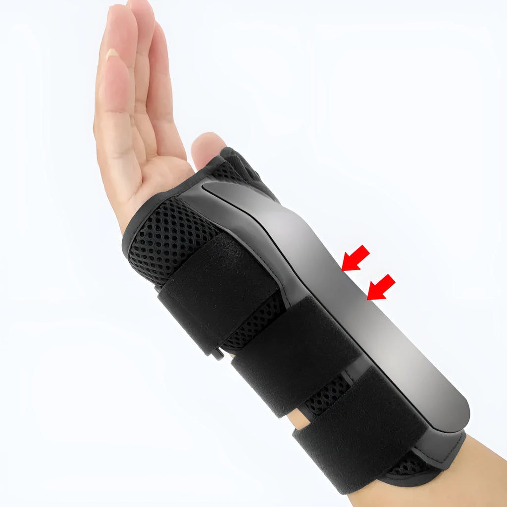 Black carbon fiber sports wrist guard with grey edging and an adjustable thumb strap.