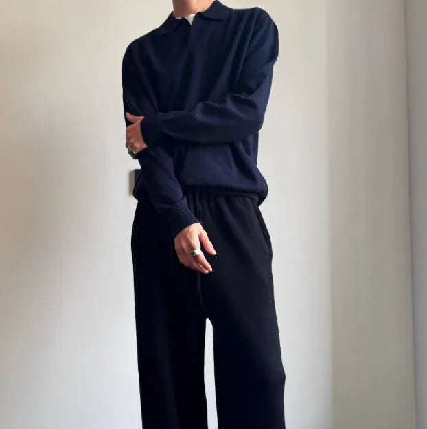 Pure wool loose fit lapel collar polo sweater in milky white or navy blue.