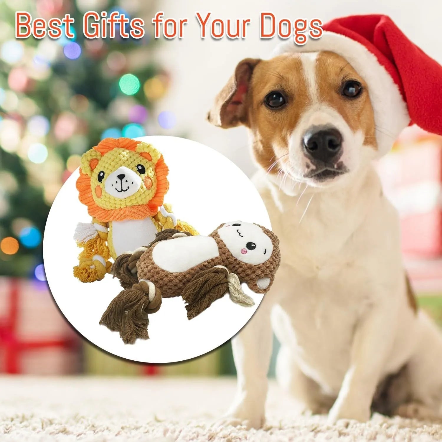 Two stuffed plush dog toys, a lion and a monkey, both featuring squeakers for interactive play.