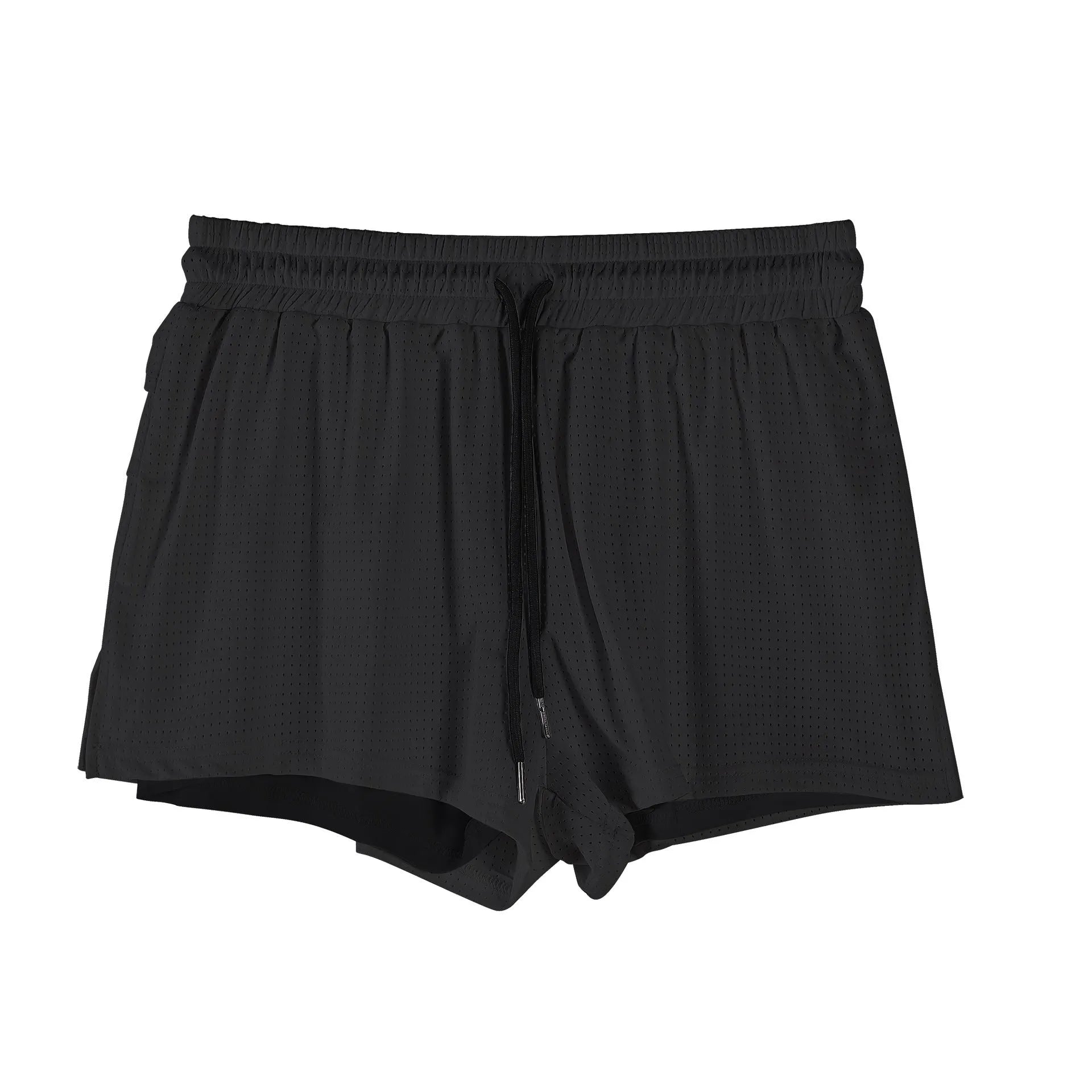Men's black quick-drying nylon sports shorts on a summer background