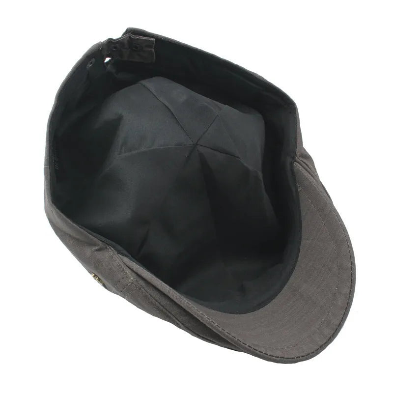 Plaid men's flat cap with copper button in cotton linen, distressed finish, adjustable fit, solid colour collection