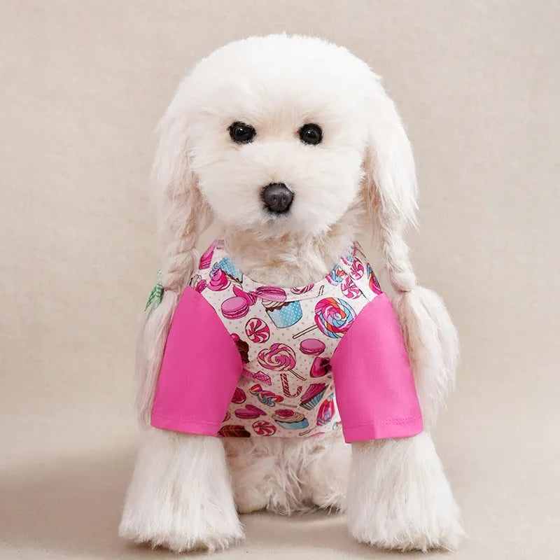 Printed full-body dog t-shirt for a small breed dog, shown in a casual setting.