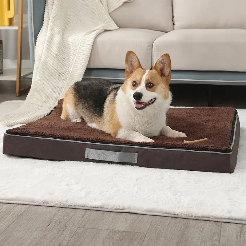 Brown memory foam dog mat with removable Shu cotton velvet cover showing 10cm thickness