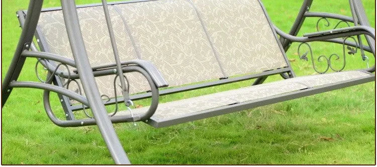 Outdoor three-person alloy steel rocking swing with Teslin mesh backrest and anti-slip feet in rustic colour