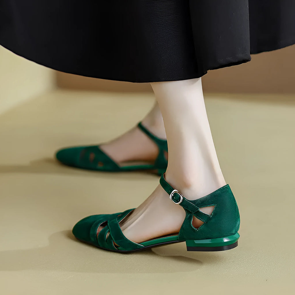 Apricot and green Roman sandals with buckle fastening and round toe design on rubber sole