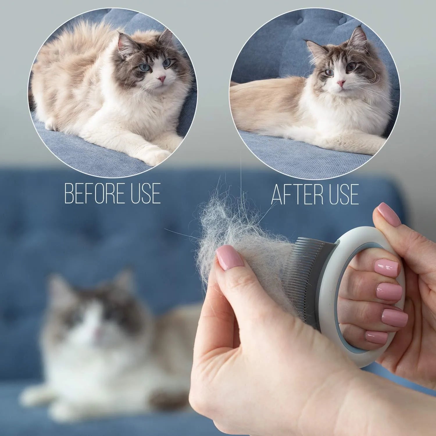 Blue pet grooming comb with soft teeth and an ergonomic plastic handle on a white background.