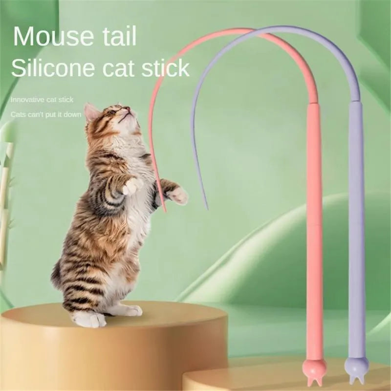 Blue simulated mouse tail cat teaser stick toy with silicone tail and ABS handle for interactive play