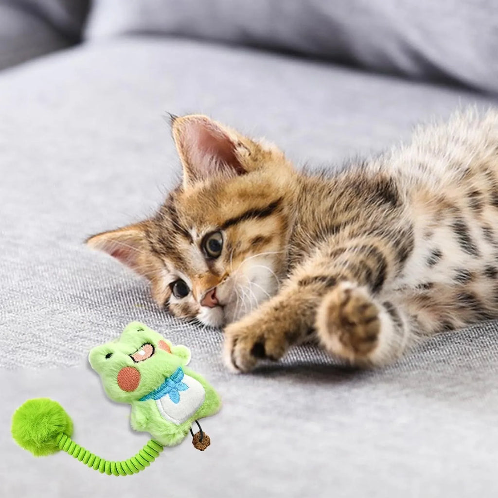 Plush cat toy with silvervine fruit, flexible spring, and fuzzy ball in animal design options
