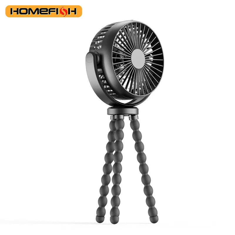 HOMEFISH F2 automatic shake head fan with LED light on removable bracket, showing USB port.