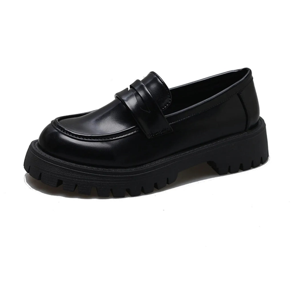 Chunky heel platform shoes women low heel round toe PU rubber British style black