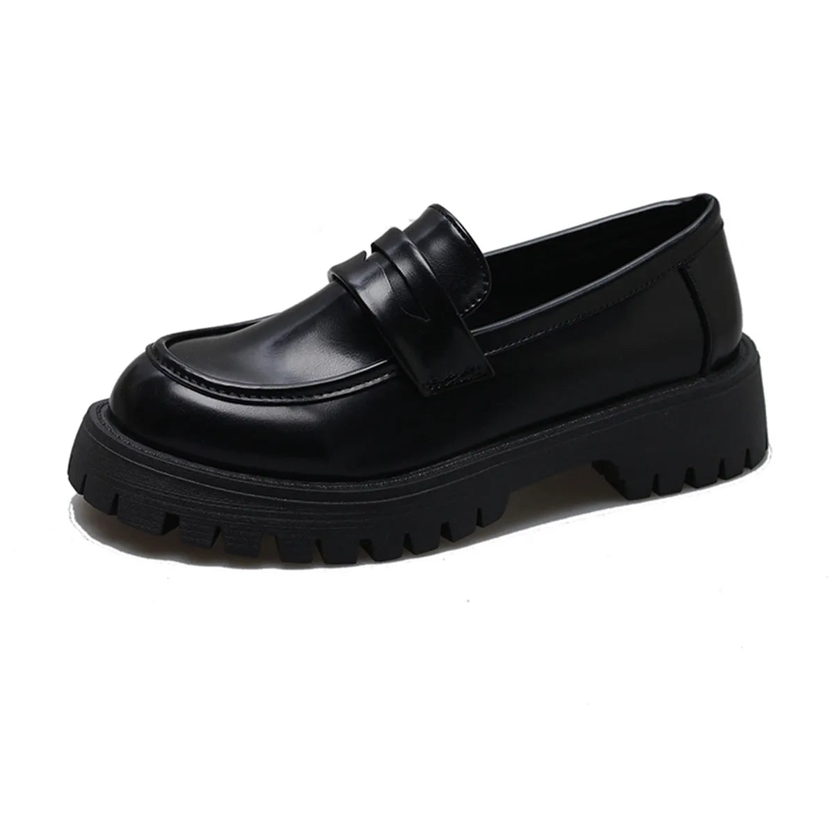 Chunky heel platform shoes women low heel round toe PU rubber British style black