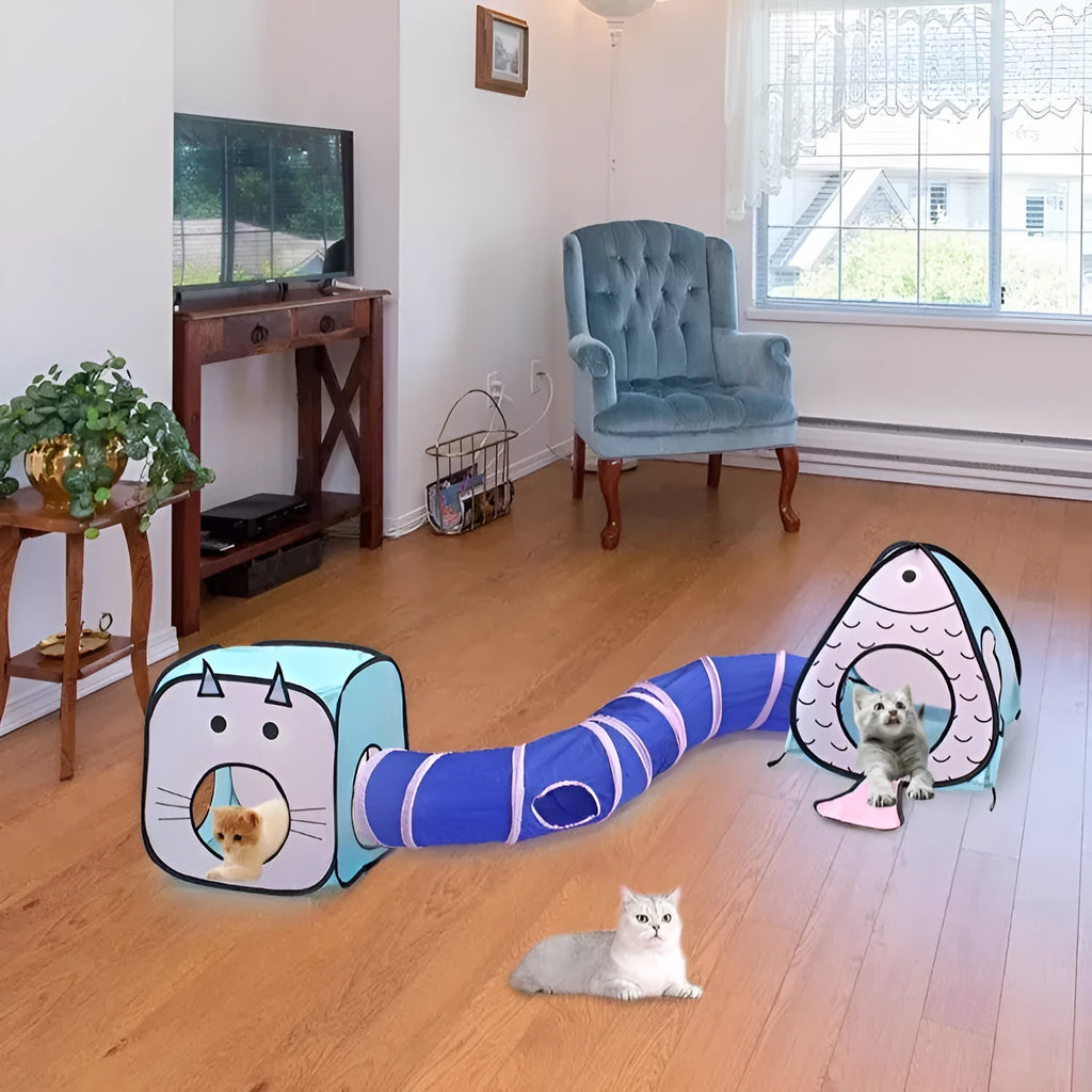 Foldable grey cat tent connected to a tunnel, featuring a cat and fish print design.