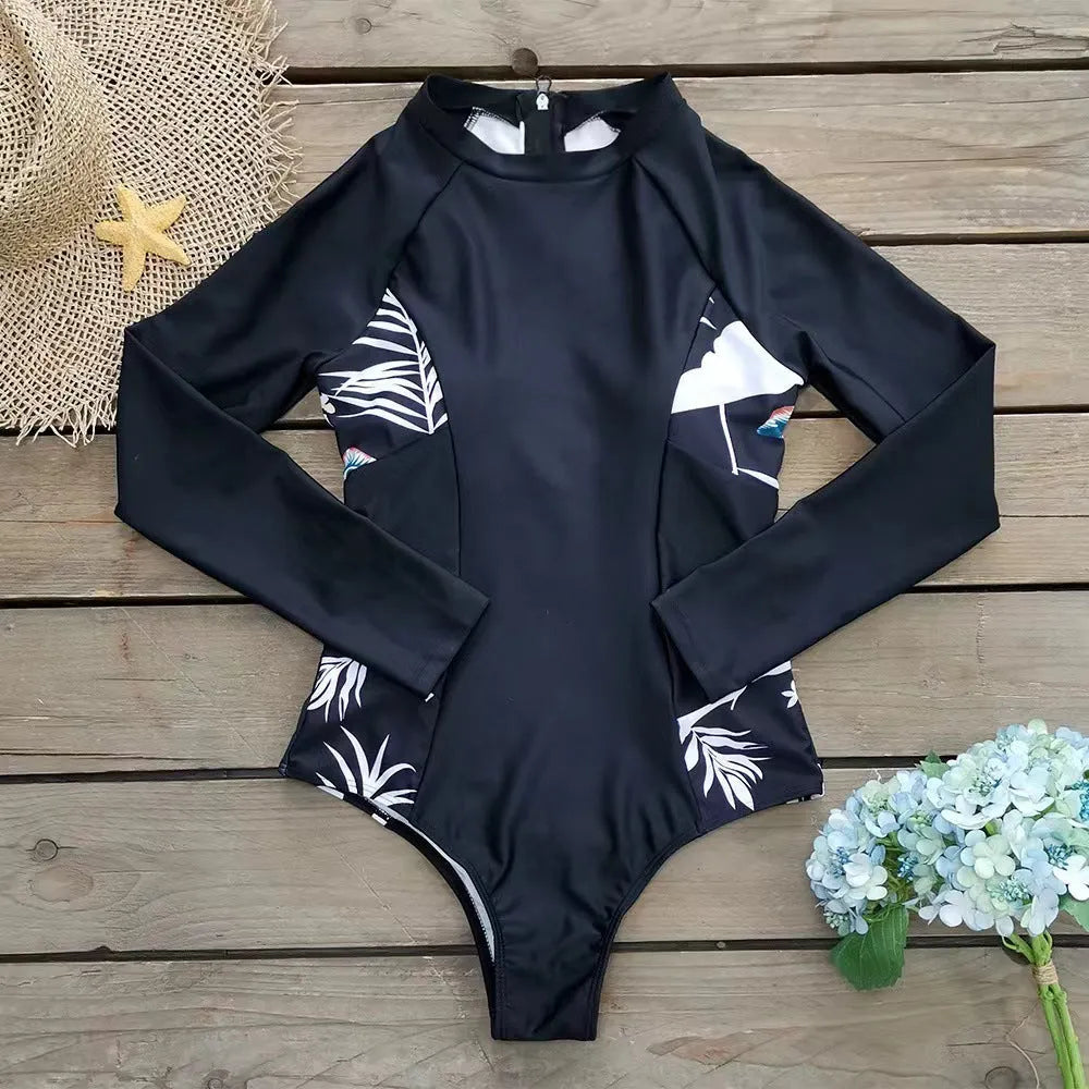 Women's black long-sleeved one-piece diving suit with printed pattern for swimming
