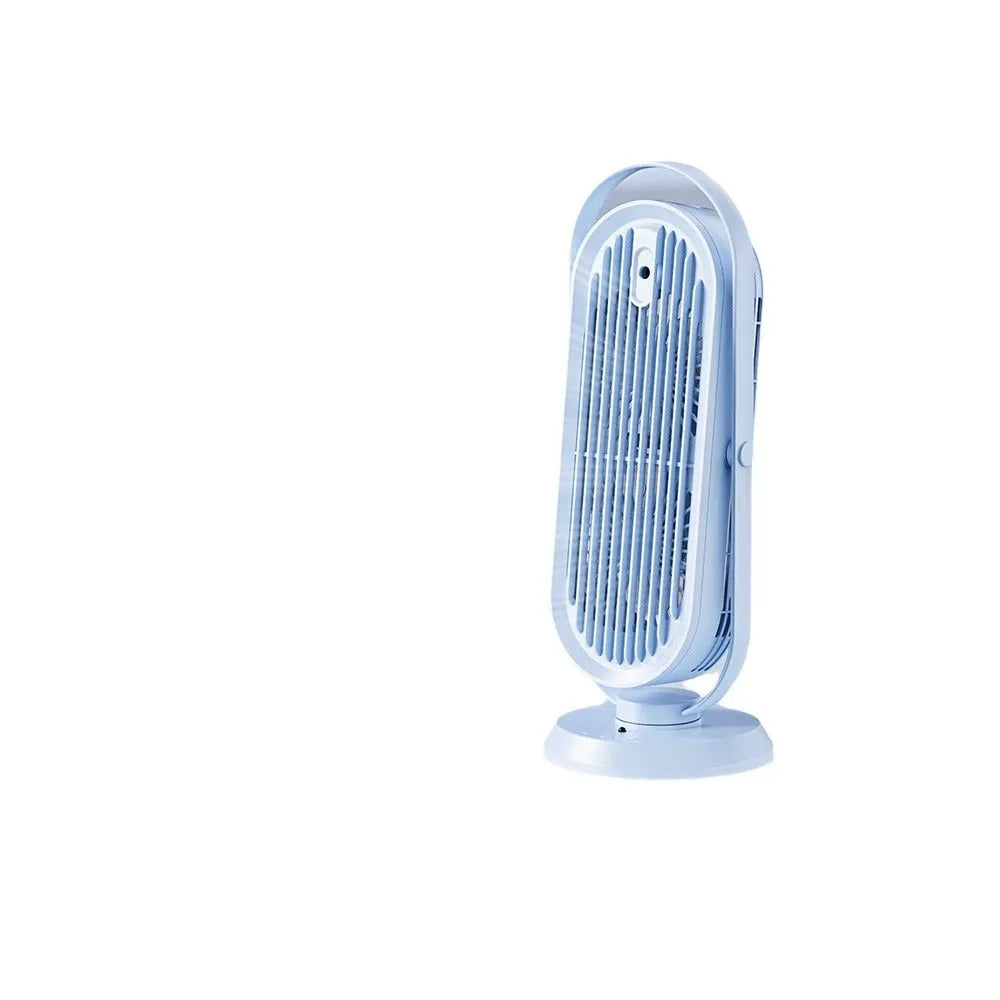 White USB tower fan with humidifier and remote control on a desk