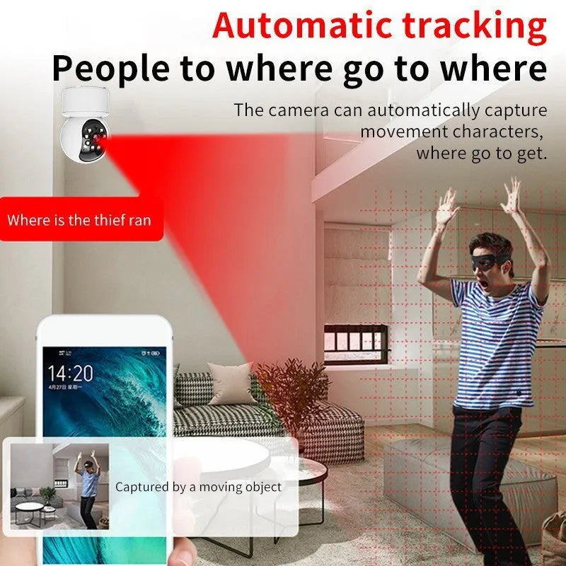 White indoor Wi-Fi smart security camera on a stand with 360-degree rotation for panoramic monitoring.