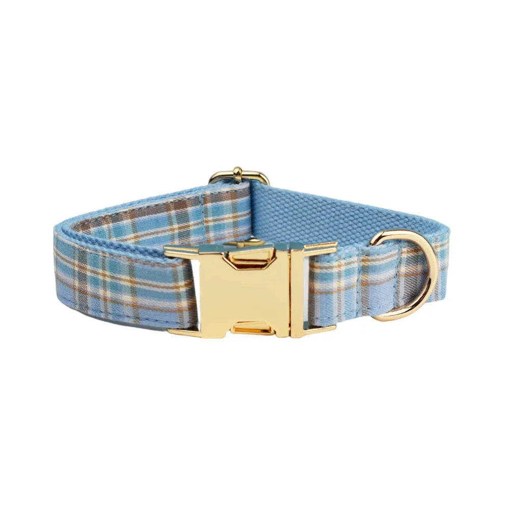 Sky blue grid pattern cloth dog collar and leash set with matching vest and bow tie