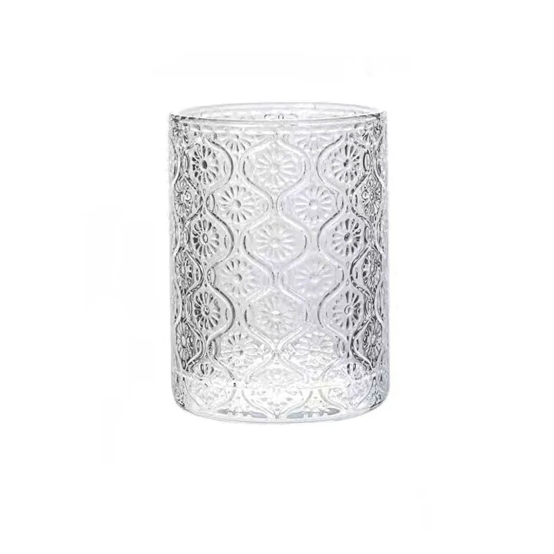 Begonia carved pattern clear glass water cup in 250ml short and 360ml high versions