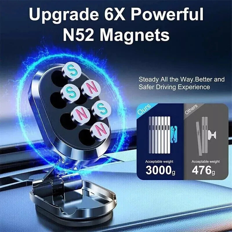 Stainless steel chrome magnetic car phone holder with folded and extended views on a dashboard.