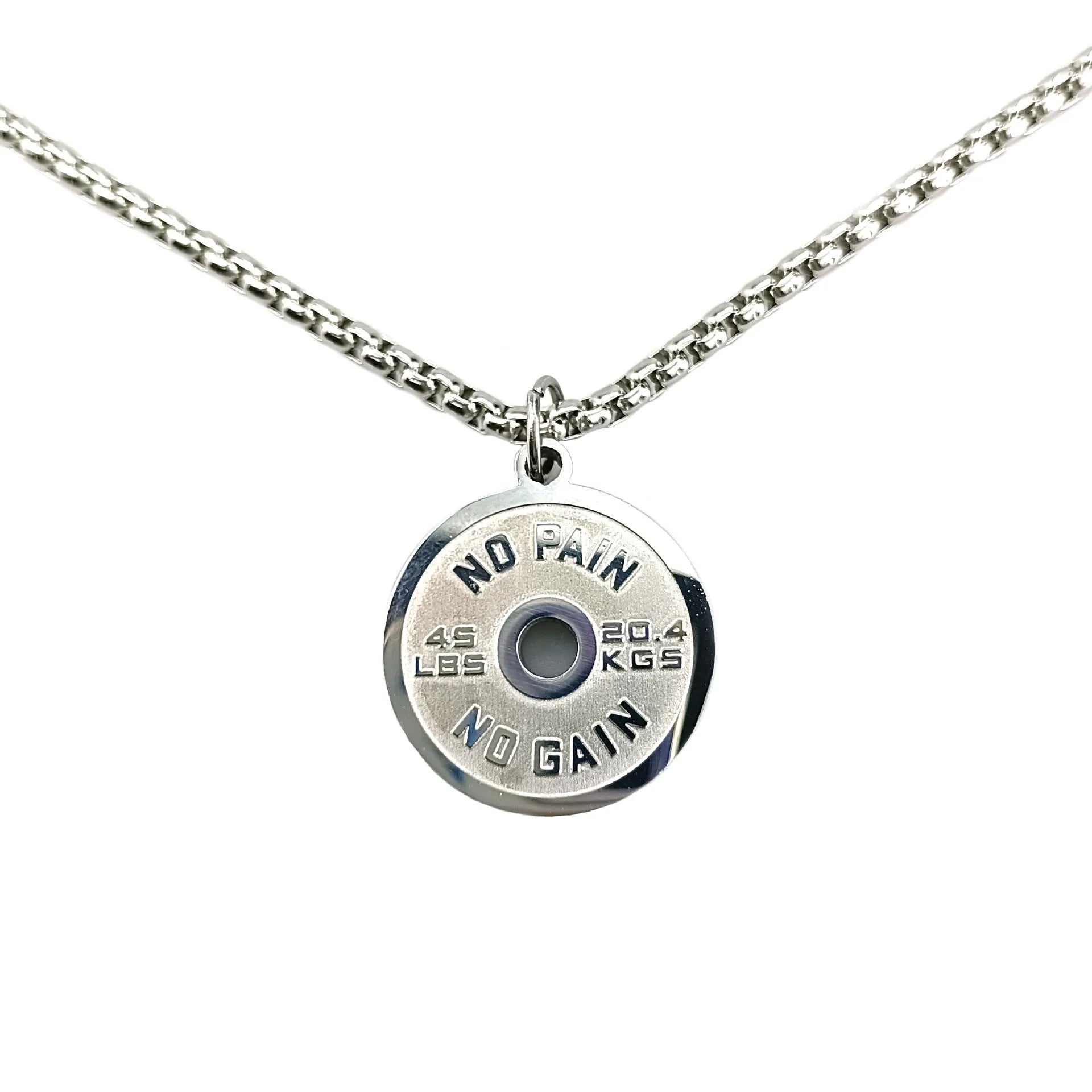 Polished stainless steel barbell disk geometric pendant on a 60cm chain necklace