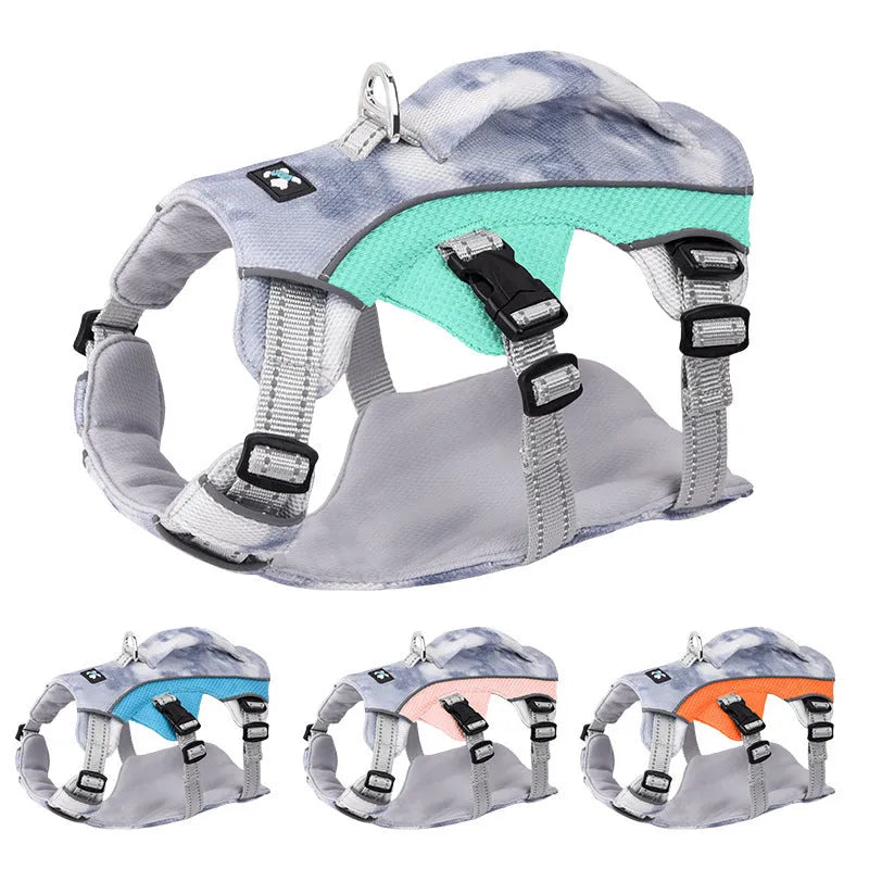 Light blue reflective pet harness chest strap with adjustable clips on a grey background