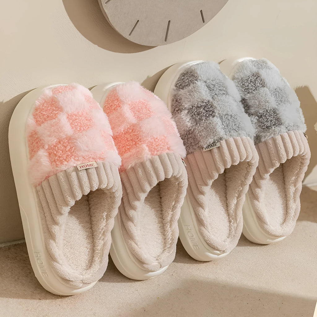 Women's plaid plush slippers in coffee colour with round toe and non-slip sole