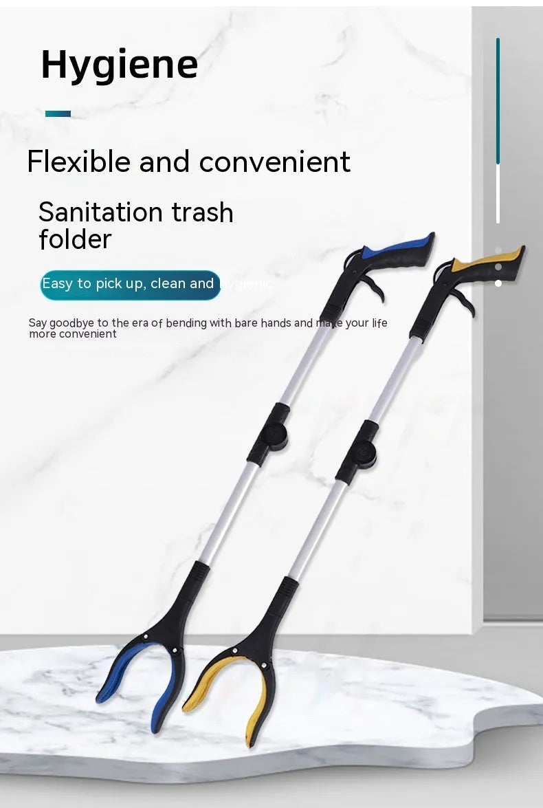 Foldable aluminium rubbish clamp with magnetic grabber head, shown extended and folded.